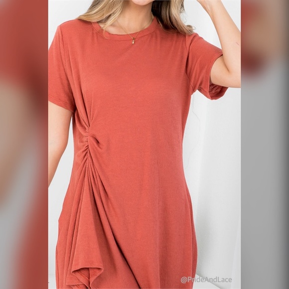 LAST 3️⃣ RUST CREW NECKLINE WITH RIGHT SIDE RUCHED DRESS - Picture 5 of 6
